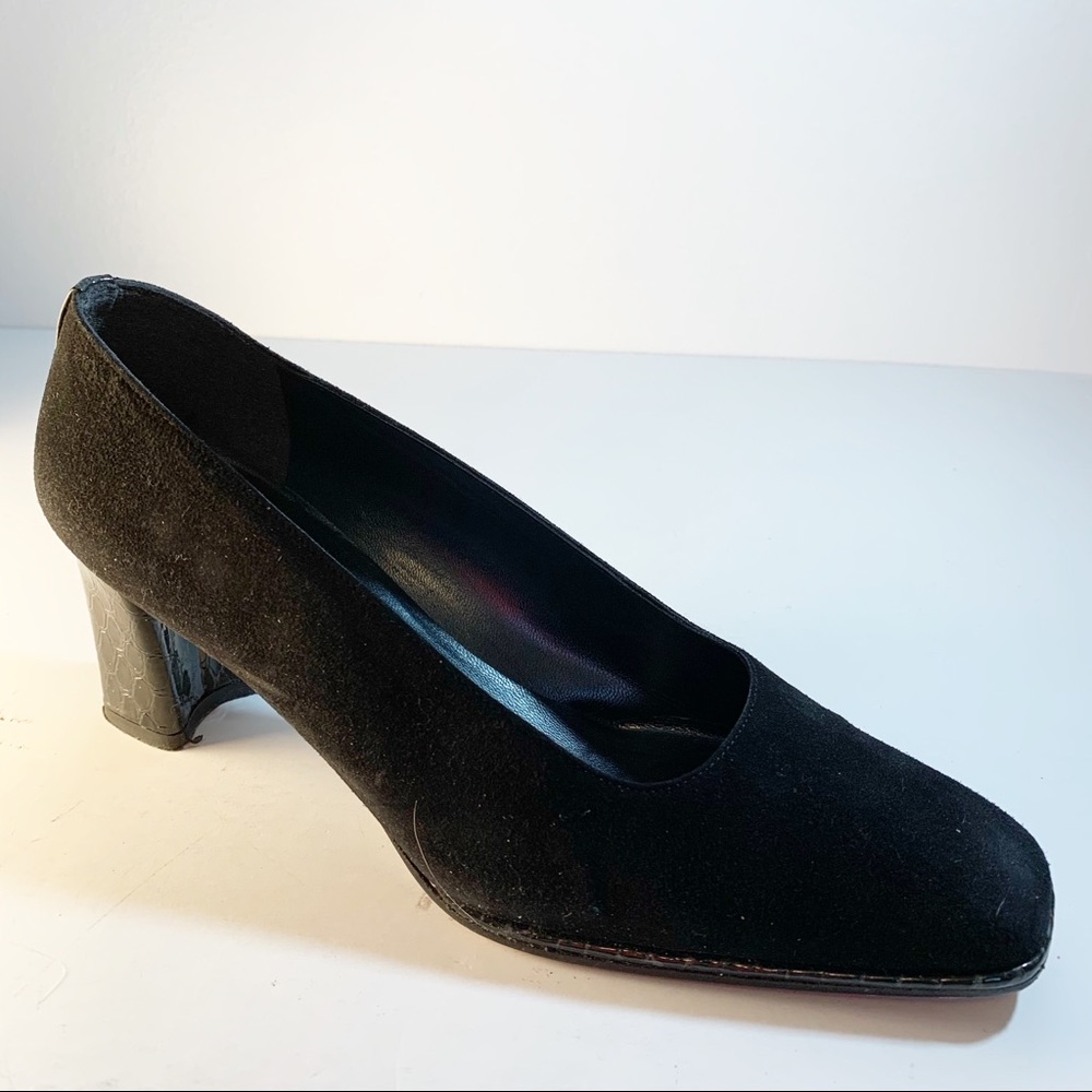 Black Suede  Square Toe 2.5" Pumps With Croc Heel